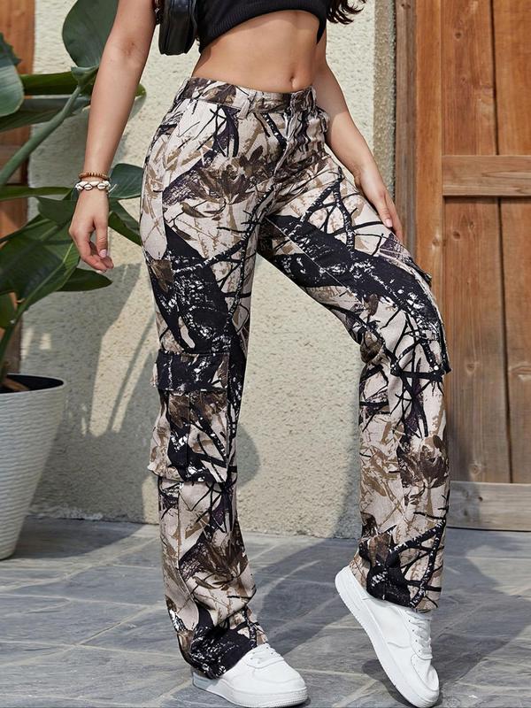 Women's Camo Print Pocket Button Pants, Casual Comfy High Waist Trousers for Daily Wear, Ladies Bottoms for Fall & Winter