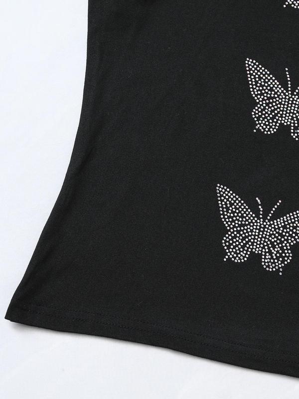 Women's Rhinestone Butterfly Decor Long Sleeve Tee, Casual Tight-fitting T-shirt for Spring & Fall, Women's Top for Daily Wear