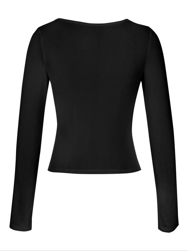 Women's Plain Ruched Split Sweetheart Neck Crop Tee, Casual Long Sleeve T-shirt for Daily Wear, Ladies Clothes for Fall, Going Out Tops 2000s