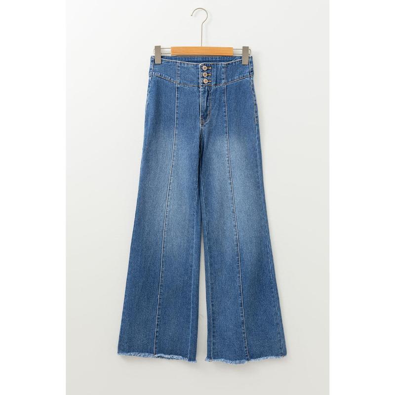 Sail Blue High Waist Button Fly Seamed Raw Hem Flare Jeans