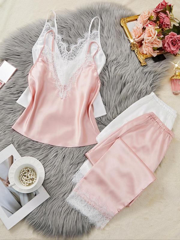 Women's Contrast Lace Cami Top & Elastic Waist Pants Satin Pyjama Set, Comfort Pj Set for Homewear, Ladies Sleepwear for   All Seasons