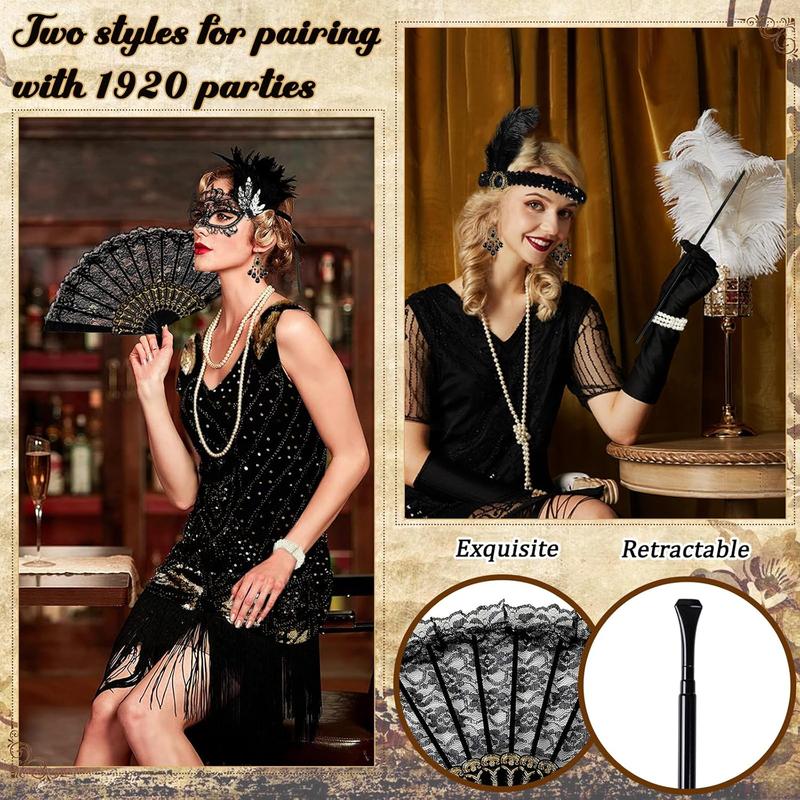 1920s Accessories for Women Great Gatsby Nye Sparkly Dress Set with Headband Masquerade Mask Fishnet Tights