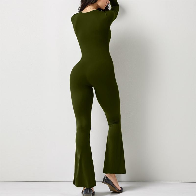 Women Long Sleeve Belly Waist Shaping and Hip Lift Square Collar Wide Leg High Elastic Jumpsuit Does not apply