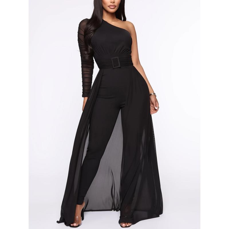 Chic Black Sequin Stylish Mesh One Shoulder Jumpsuit - Women's Elegant Solid Long Sleeve High Waist Backless Skinny Jumpsuit for Formal Occasions - Chic, Comfortable, and Flattering Design Fabric Fit