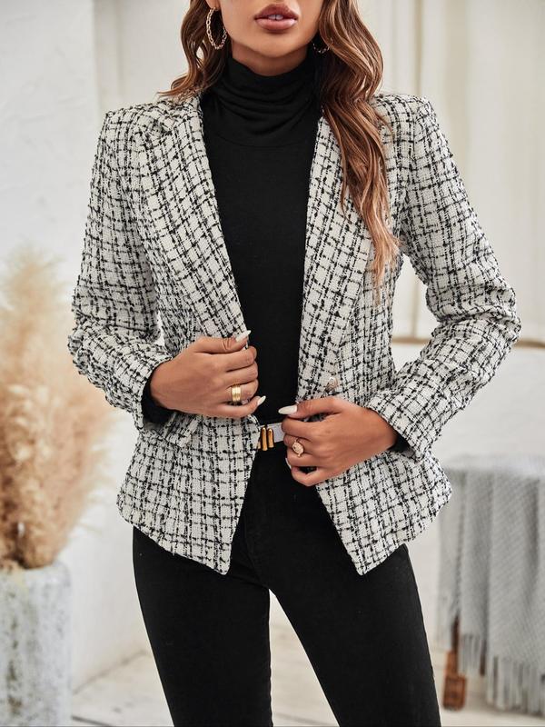 Womenswear Plaid Print Double Button Flap Detail Lapel Blazer, Blazers Jackets for Women, Casual Long Sleeve Outerwear for Fall & Winter, Ladies Clothes for Work Office Business