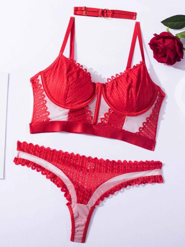 Women's Sexy Lingerie Set, Adjustable Strap  Lace Bra & O-ring Choker & Contrast Mesh Thong Set, Fashion Underwear Set for All Seasons