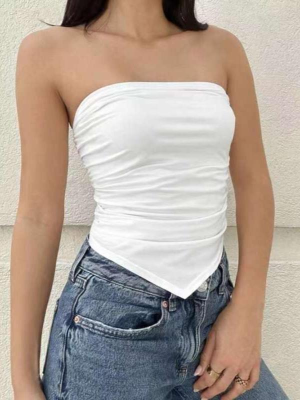 Women's Plain Ruched Backless Tube Top, Elegant Tight-fitting Sleeveless Top for Summer, Ladies Clothes for Dating Daily Wear