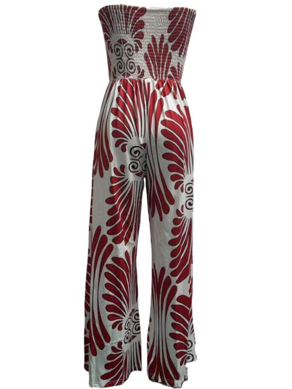 Women's All Over Print Shirred Backless Wide Leg Jumpsuit, Boho Fashion Casual Pocket Design Tube Jumpsuit for Beach Holiday Vacation, Ladies Summer Clothes