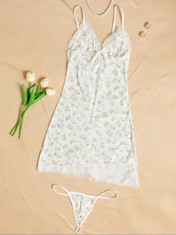 Women's Ditsy Floral Print Contrast Lace Cami Nightdress & Thong Cute Nightwear, Ruched Camisole Nighty Dress & Thong Set, Night Gown for Women, Lounge Dresses for Women, Dress for Women, Summer Wear 2024, Summer Lounge & Sleepwear Set