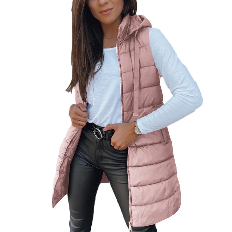 Tankaneo Women Long Vest Solid Color Sleeveless Hood Winter Puffer Vest Outwear