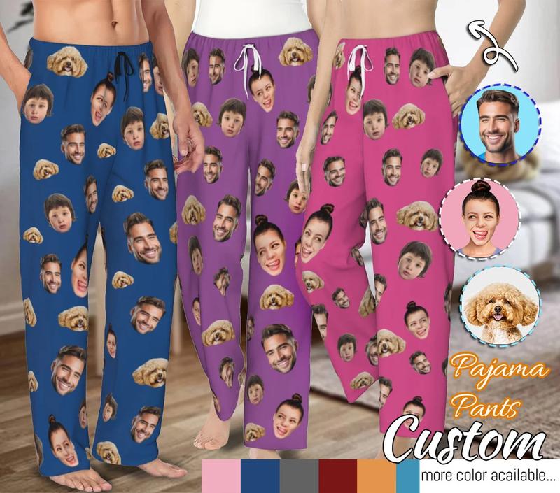 Custom Photo Pajamas - Personalized Face Unisex Pajama Pants for Women Men - Home Wear Set - Lounge-wear, Men's Wear Pajama Set Nightwear Silk