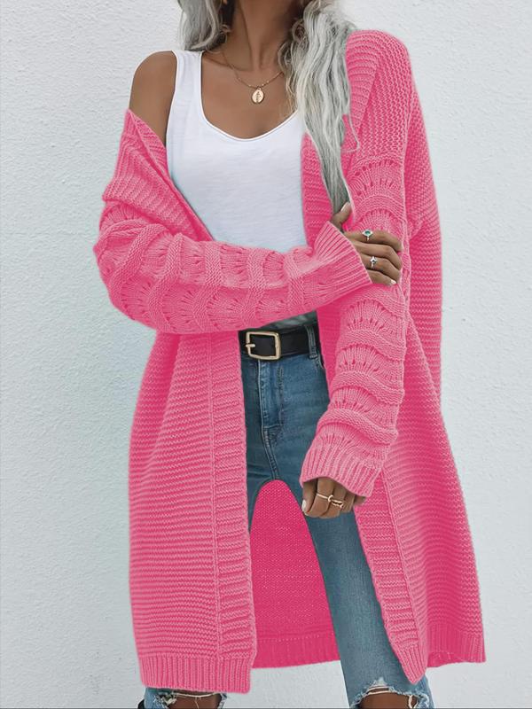  Solid Drop Shoulder Long Sleeve Cardigan, Casual Open Front Knitwear for Fall & Winter, Women's Clothing for Daily Wear