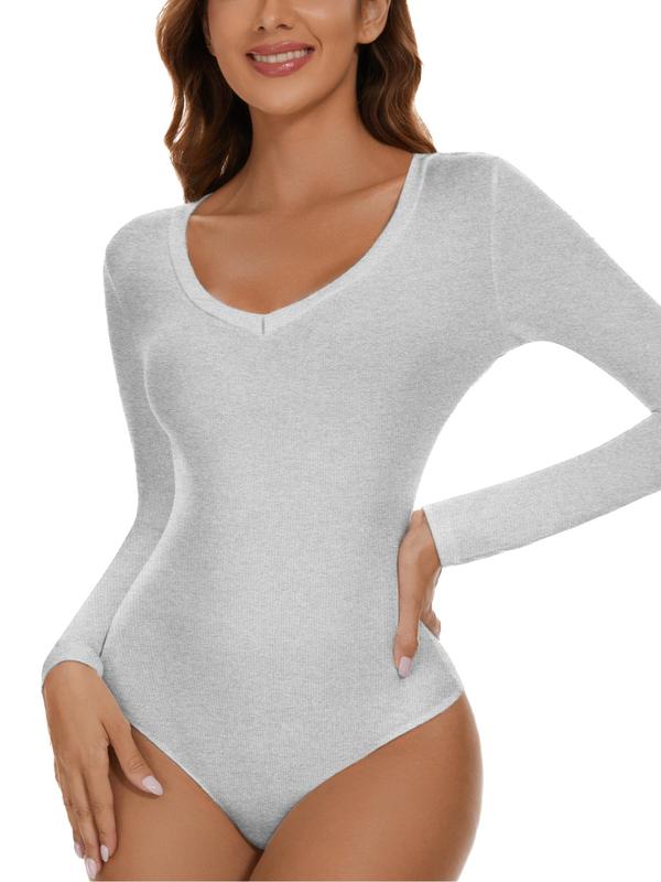 Women's Solid Color Button Closure Crotch V Neck Thermal Underwear Bodysuit, Casual Comfy Long Sleeve Bodysuit for Fall & Winter, Women's Underwear for Daily Wear