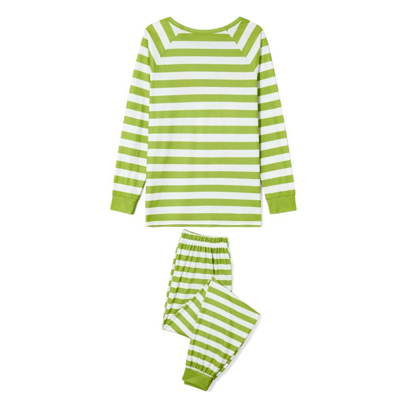 Green Christmas Pajamas for Family Long Sleeve Hat Letter Print Tops + Striped Trousers Set Winter Sleepwear