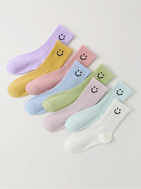 Women's Smile Face Print Crew Socks, Casual Comfy Breathable  Mid-Calf Socks for Daily Wear, Women's Socks for All Seasons