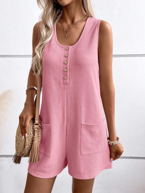 Women's Textured Button Front Pocket Tank Romper, Casual Sleeveless Wide Leg Romper for Summer, Fashion Women's Clothes for Daily Wear