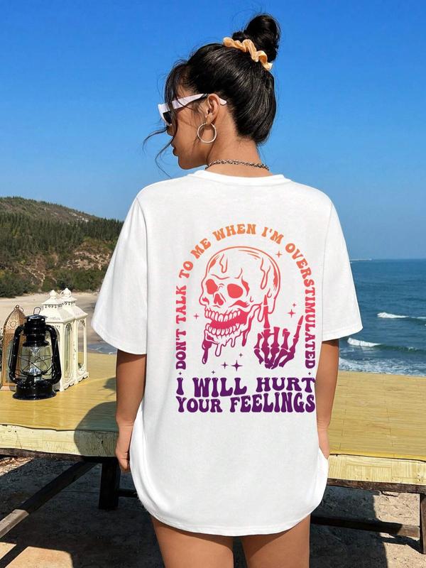 Women's Skull & Letter Graphic Half Sleeve Round Neck Tee, Fall Clothes, Fashion Casual Crew Neck Drop Shoulder T-Shirt for Daily Outdoor Wear, Graphic Tees, Ladies Clothes for All Seasons, Vintage Graphic Tees