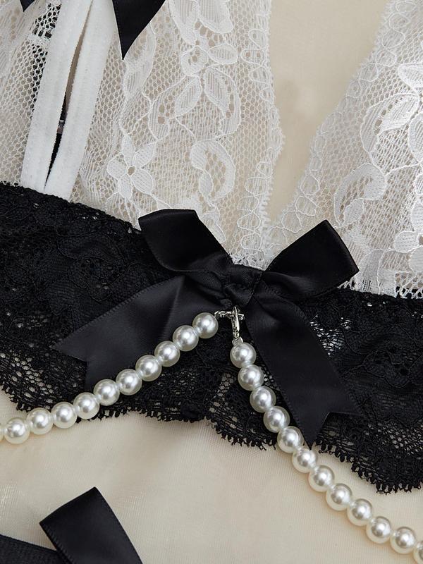 Women's Contrast Lace Bow Decor Wireless Bra & Thong & Mesh Skirt Three-piece Set, Sexy Faux Pearls Decor Sheer Lingerie Set, Women's Lingerie & Underwear for All Seasons