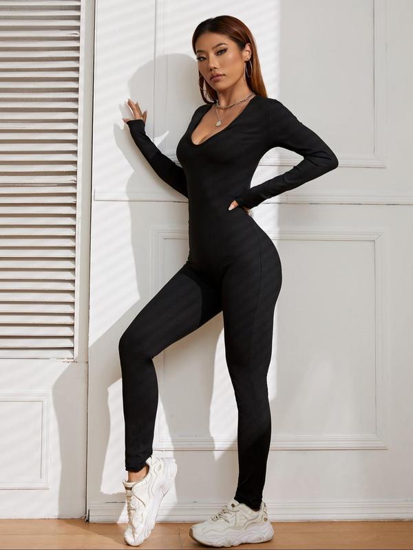 Women's Solid Long Sleeve U Neck Jumpsuit, Casual Comfy Tight-fitting Jumpsuit for Fall & Winter, Women's Clothes for Daily Wear