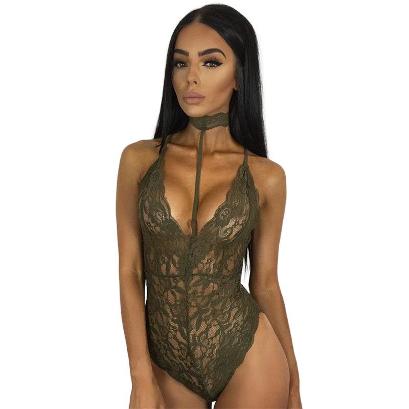 plus Size Women's Halter Lace Sexy Underwear Lace Jumpsuit Temptation Uniform Home Wear Suit Fabric Womenswear