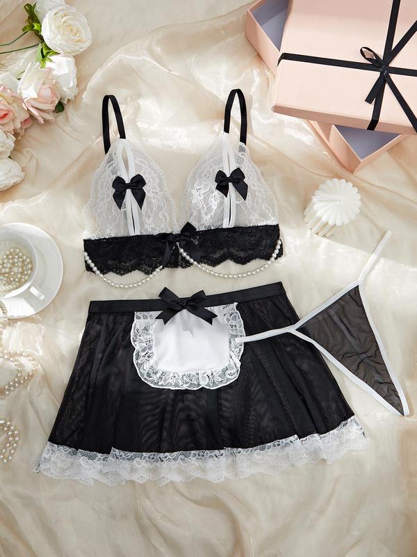 Women's Contrast Lace Bow Decor Wireless Bra & Thong & Mesh Skirt Three-piece Set, Sexy Faux Pearls Decor Sheer Lingerie Set, Women's Lingerie & Underwear for All Seasons