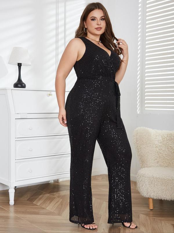 Plus Size V Neck Belted Glitter Sequins Jumpsuit, Summer Clothes Women, Tie Front Sleeveless Wide Leg Jumpsuit, Women's Clothes for Summer