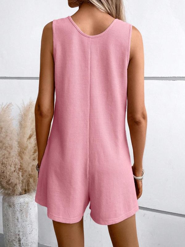 Women's Textured Button Front Pocket Tank Romper, Casual Sleeveless Wide Leg Romper for Summer, Fashion Women's Clothes for Daily Wear