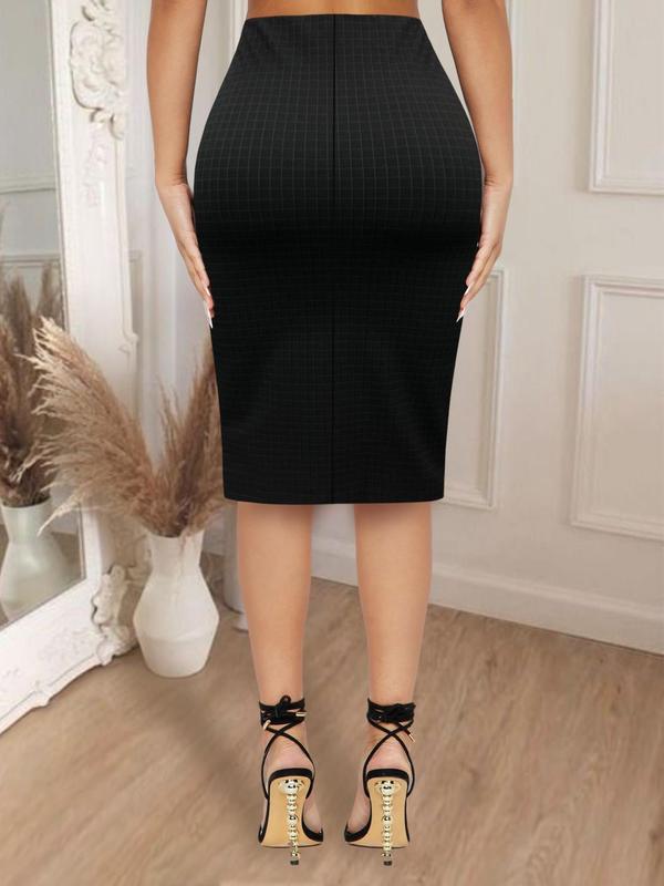 Women's Gingham Print Pencil Skirt, Fashion Casual Knee Length Skirt for Work Office Business, Ladies Bottoms for All Seasons