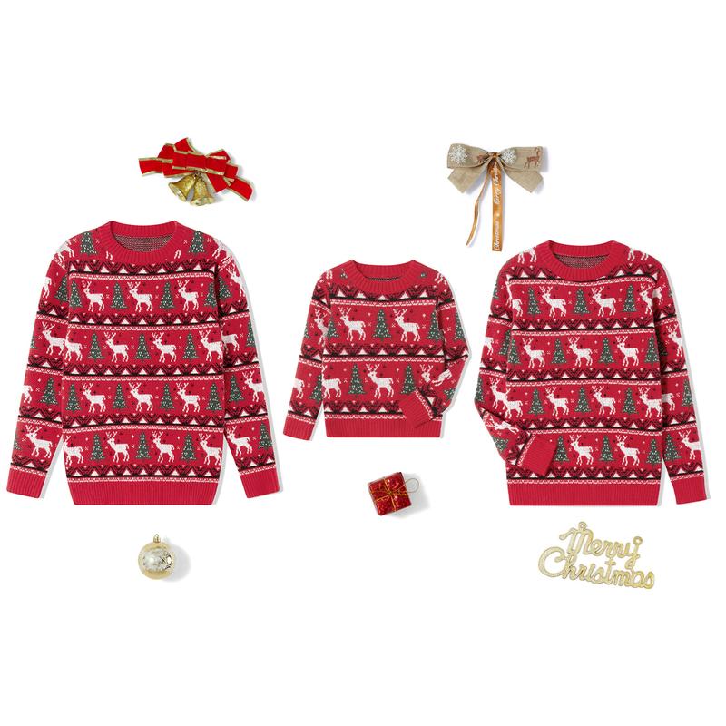 Matching Family Christmas Sweaters Long Sleeve Round Neck Reindeer Pullovers Knitted Tops