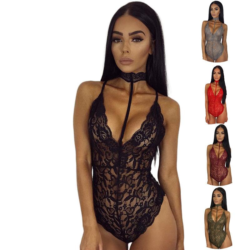 plus Size Women's Halter Lace Sexy Underwear Lace Jumpsuit Temptation Uniform Home Wear Suit Fabric Womenswear