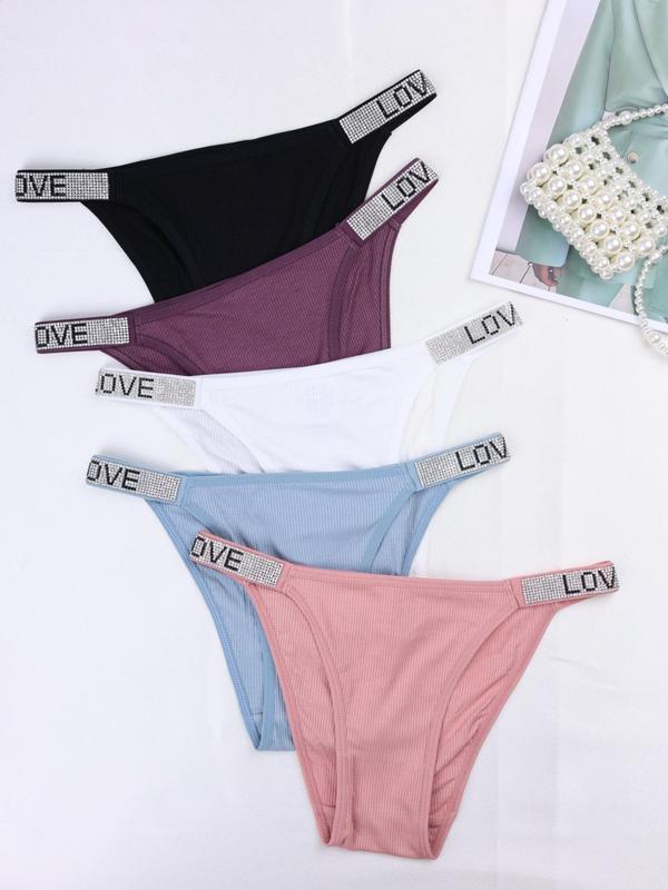 Women's 5pcs Letter Rhinestone Decor High Cut Knicker, Casual Comfy Breathable Drop Waist Panty for Daily Wear, Ladies Underwear for All Seasons, Underwear for Women, Summer Wear 2024