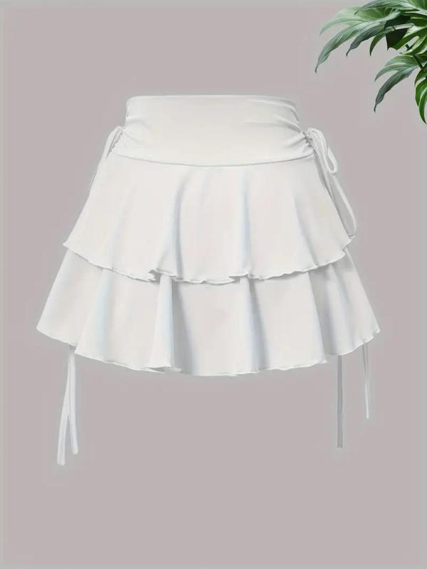 Women's Plain Ruffle Hem Tiered Layer Skirt, Casual Tie Side Short Skirt for Summer, Women's Bottoms for Daily Wear