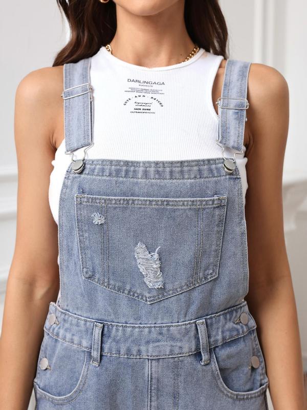 Women's Plain Ripped Straight Leg Denim Jumpsuit, Casual Street Vintage Sleeveless Pocket Jumpsuit for Daily Wear, Ladies Clothes for All Seasons