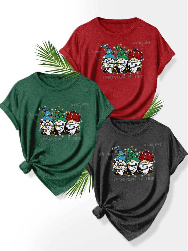  Christmas Cartoon Print Round Neck Tee, Casual Short Sleeve Crew Neck T-Shirt for Summer, Women's Clothing for Daily Wear