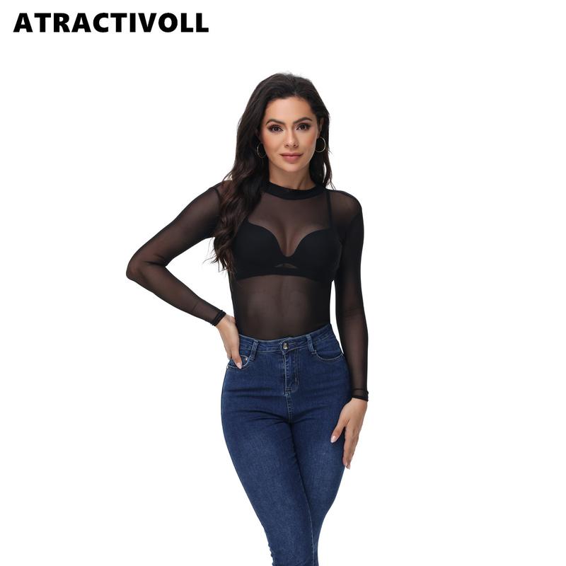 ATRACTIVOLL 1 2PCS Women's Fashion Half High Neck Mesh  Bodysuit Indoor Yoga Wear,Breathable Fabric. Womenswear Tops Comfort Lady women  bodysuits mesh top