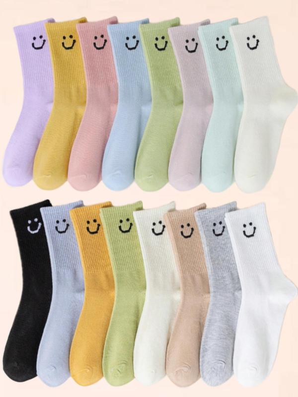 Women's Smile Face Print Crew Socks, Casual Comfy Breathable  Mid-Calf Socks for Daily Wear, Women's Socks for All Seasons