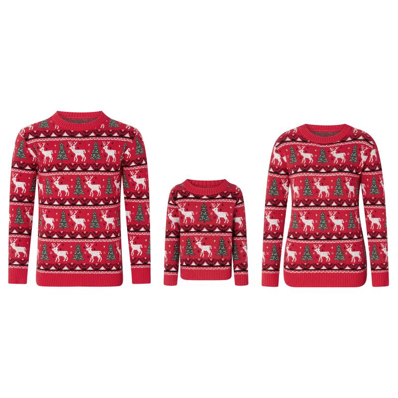 Matching Family Christmas Sweaters Long Sleeve Round Neck Reindeer Pullovers Knitted Tops