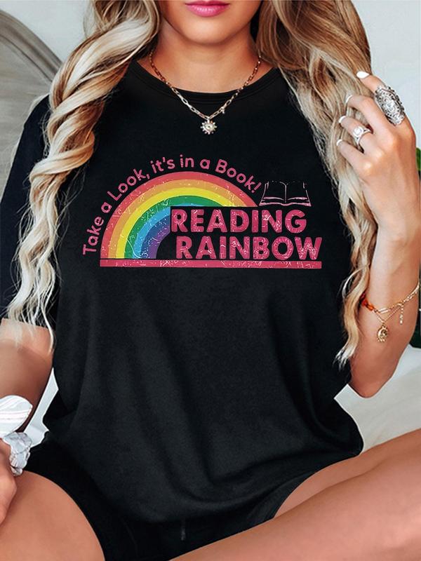 Women's Reading Rainbow Print Round Neck Tee, Fashion Casual Crew Neck T-Shirt for Daily Holiday Vacation Outdoor Wear, Ladies Clothes for Summer