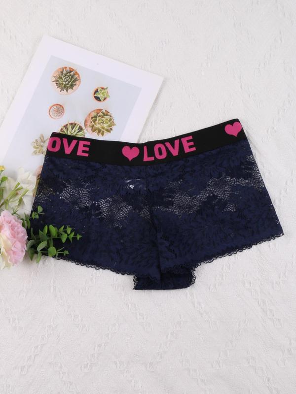 Women's Solid Floral Lace Letter Tape Sheer Boxer Briefs, Soft Comfy Breathable Adaptive Panties for Daily Wear, Underwear for All Seasons