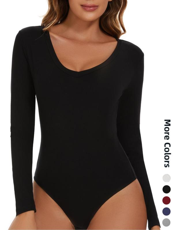 Women's Solid Color Button Closure Crotch V Neck Thermal Underwear Bodysuit, Casual Comfy Long Sleeve Bodysuit for Fall & Winter, Women's Underwear for Daily Wear