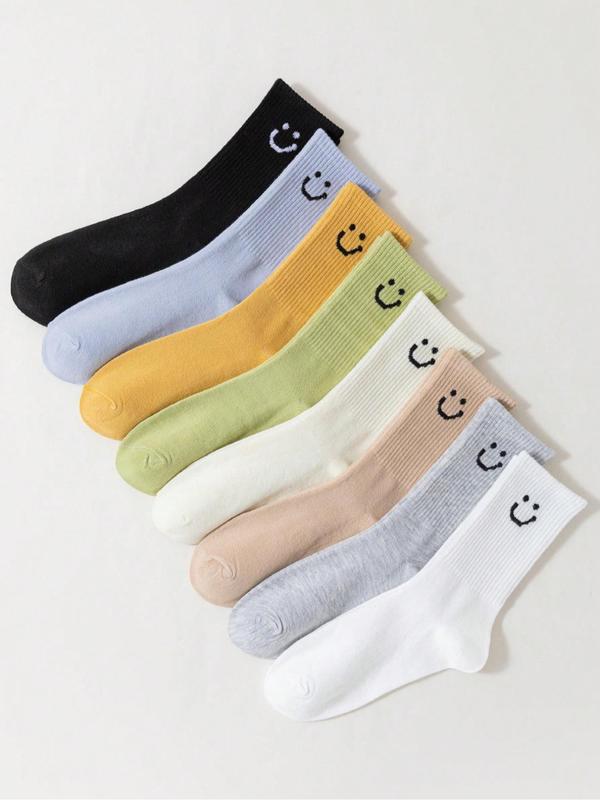 Women's Smile Face Print Crew Socks, Casual Comfy Breathable  Mid-Calf Socks for Daily Wear, Women's Socks for All Seasons