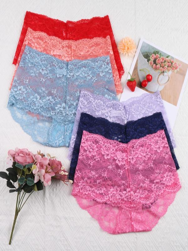 Women's 6pcs Floral Lace Scallop Trim High Waist Panty, Soft Comfy Breathable High Rise Briefs for Daily Wear, Women's Girl Knicker for All Seasons, Fall Wear, Fallfreshness