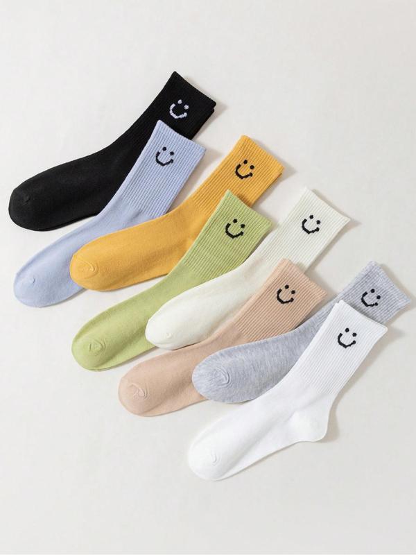 Women's Smile Face Print Crew Socks, Casual Comfy Breathable  Mid-Calf Socks for Daily Wear, Women's Socks for All Seasons