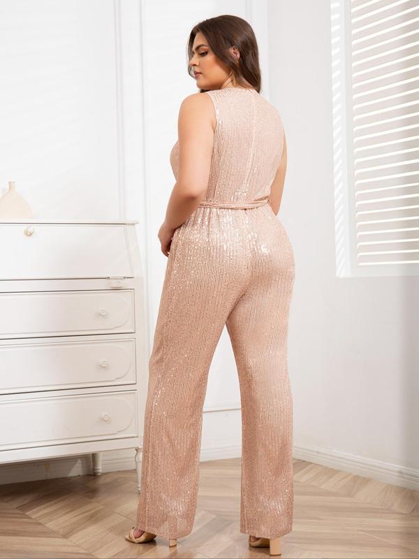 Plus Size V Neck Belted Glitter Sequins Jumpsuit, Summer Clothes Women, Tie Front Sleeveless Wide Leg Jumpsuit, Women's Clothes for Summer