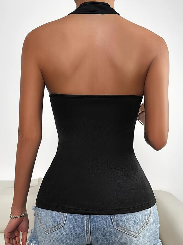 Women's Solid Zip Front Backless Halter Top, Street Fashion Sleeveless Tank Top, Ladies Summer Clothes for Daily Outdoor Wear