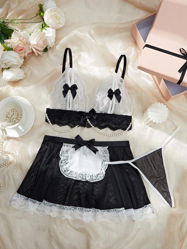 Women's Contrast Lace Bow Decor Wireless Bra & Thong & Mesh Skirt Three-piece Set, Sexy Faux Pearls Decor Sheer Lingerie Set, Women's Lingerie & Underwear for All Seasons