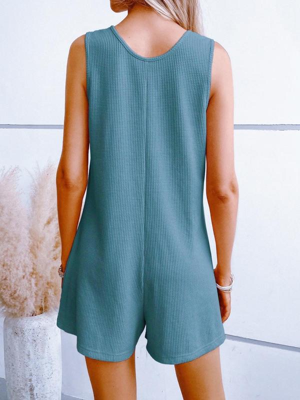 Women's Textured Button Front Pocket Tank Romper, Casual Sleeveless Wide Leg Romper for Summer, Fashion Women's Clothes for Daily Wear