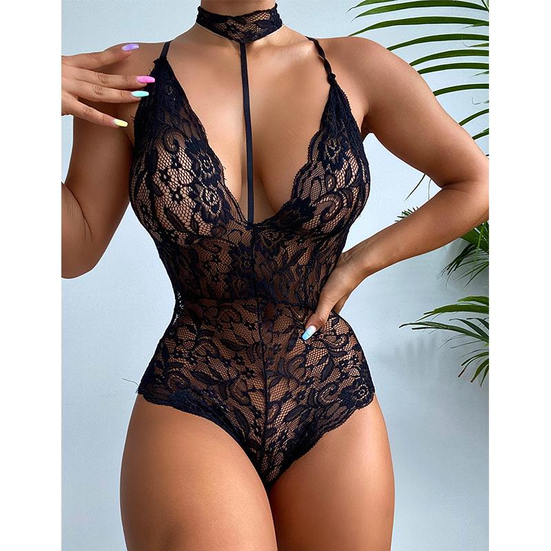 plus Size Women's Halter Lace Sexy Underwear Lace Jumpsuit Temptation Uniform Home Wear Suit Fabric Womenswear