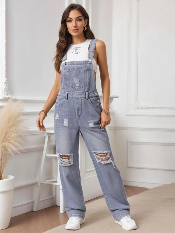 Women's Plain Ripped Straight Leg Denim Jumpsuit, Casual Street Vintage Sleeveless Pocket Jumpsuit for Daily Wear, Ladies Clothes for All Seasons