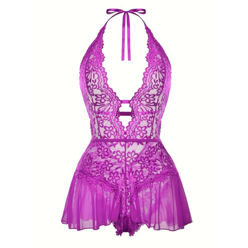 Sultry Floral Lace Teddy Bodysuit - Teddies with Halter Strappy Backless Open Crotch Design, Sexy Women's Lingerie & Underwear for Romantic Nights Out